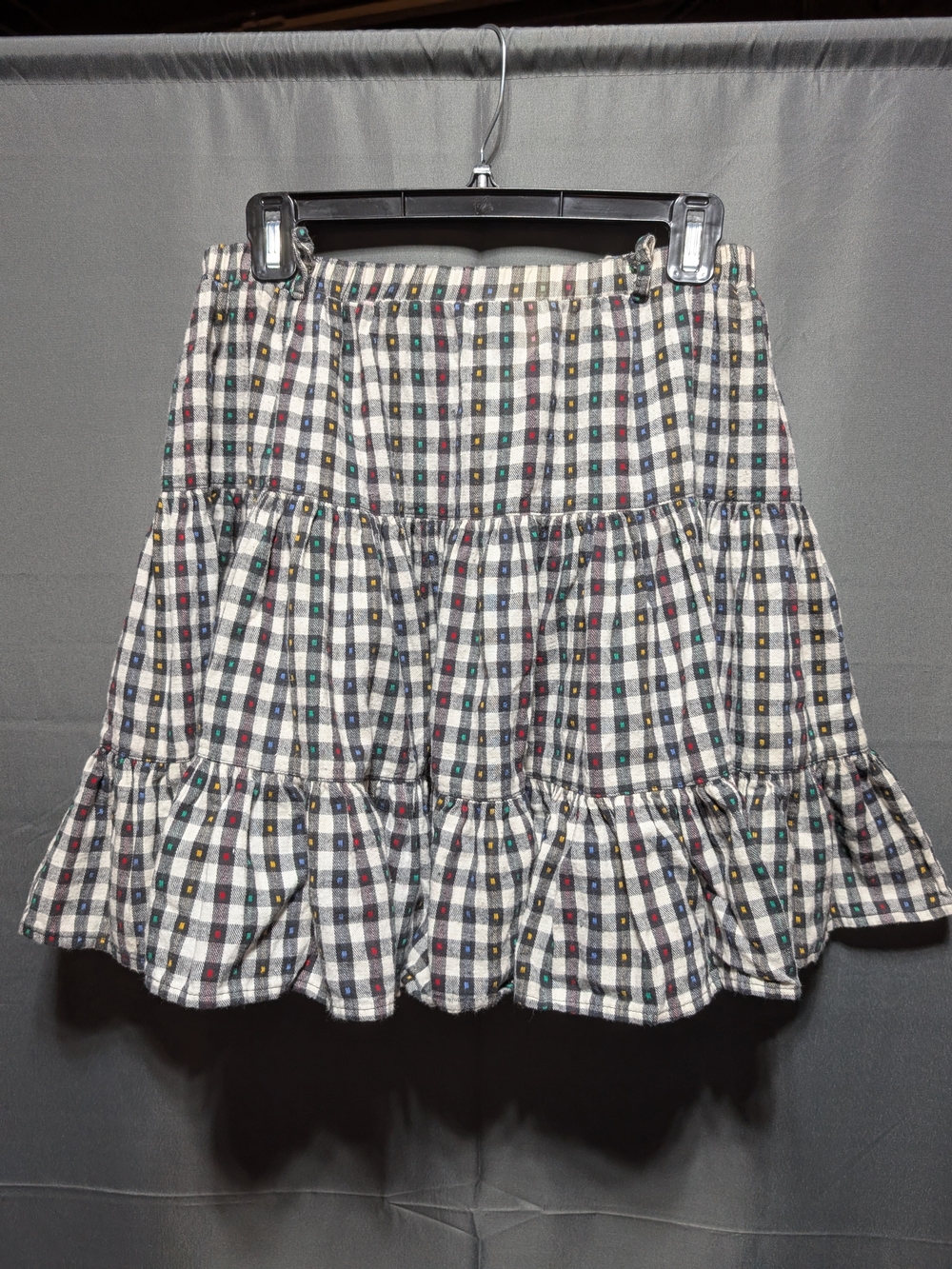 Vintage 90s Western Tiered Plaid Mini Skirt Black White with Multicolor Accents